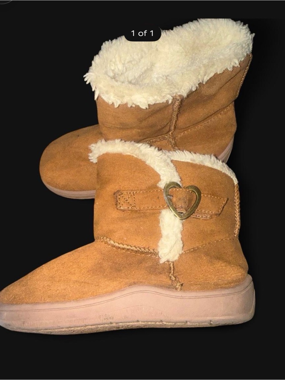 Girls Tan Faux-Suede Sherpa Lined Booties with Heart Accent